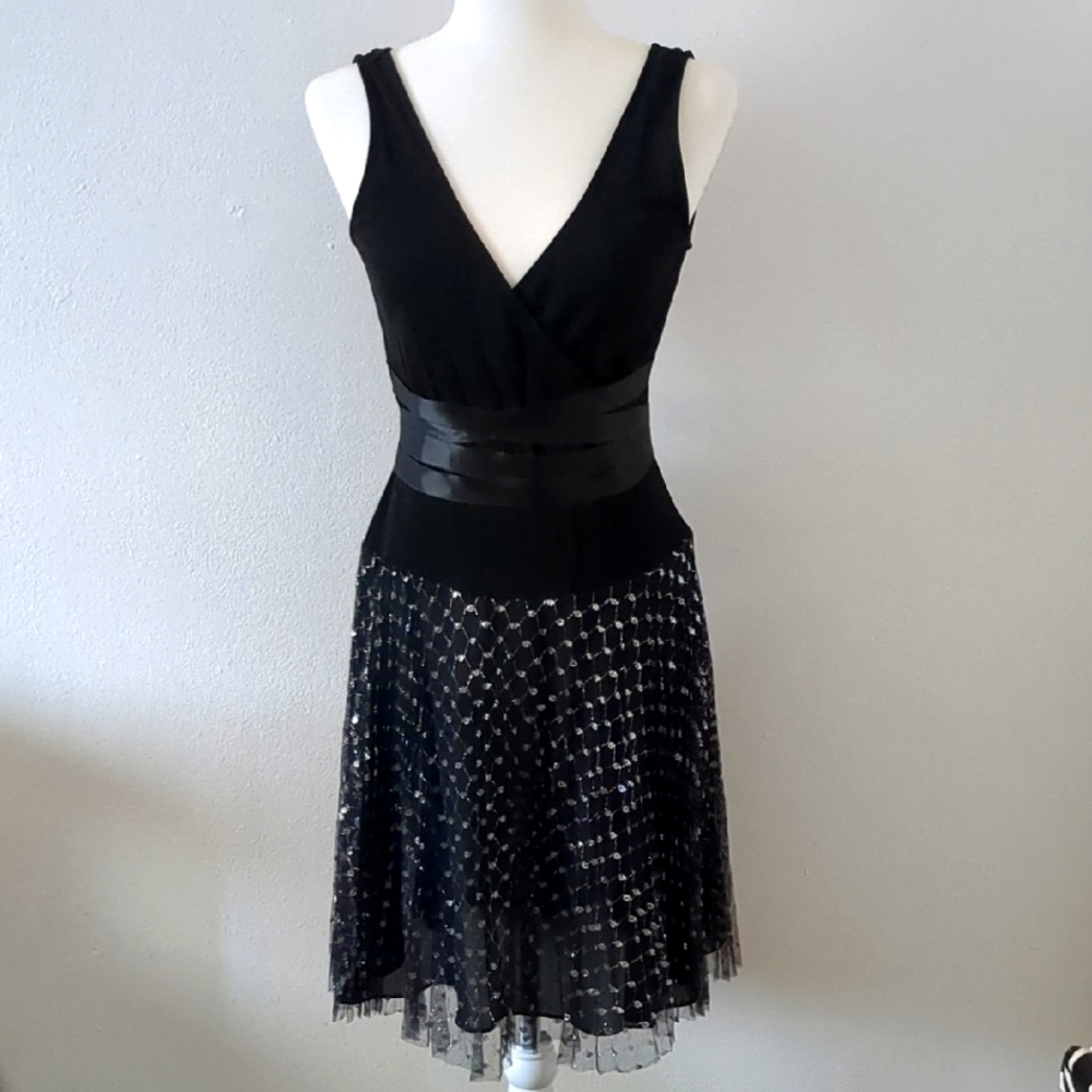 Y2K Black V Neck Dress With Satin Wrap & Silver Mesh Tulle Size 8